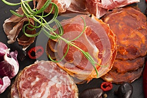 A pile of different spanish embutido, jamon, chorizo and lomo em photo