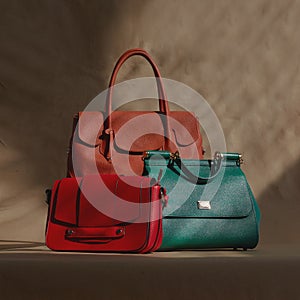 Pile of different trendy luxury coloured leather handbags