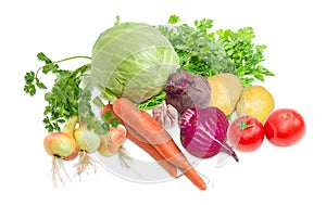 Pile of different vegetables and potherb on a light background