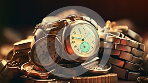 pile of different watches laying on table time concept theme cg abstract motion background design text