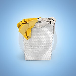 Pile of dirty clothes in a washing basket isolated on blue gradient background 3d render