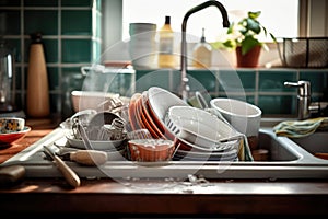 A pile of dirty dishes in the sink. Generative AI technology