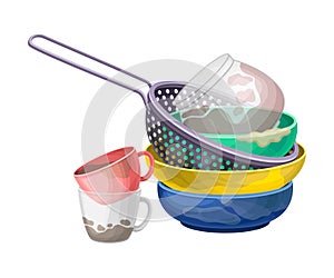 Pile of Dirty Dishes and Utensils with Plates and Cups Vector Illustration