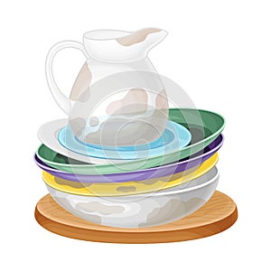 Pile of Dirty Dishes and Utensils with Plates and Glass Jug Vector Illustration