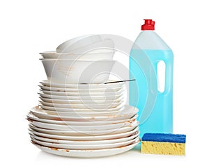 Pile of dirty kitchenware, dish detergent