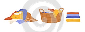 Pile of dirty laundry. Laundry basket and stack of clean clothes. Flat vector illustration