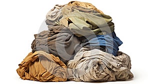 Pile of dirty laundry isolated on white created with Generative AI. Big stack of clothes.