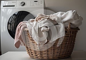 Pile of dirty laundry in wicker basket in bathroom with washing machine in background. generative ai