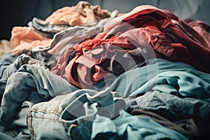 Pile of dirty used clothes, cloth recycling, fabric scraps, old clothing and textiles. Generative AI