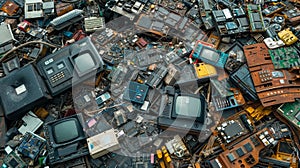 Pile of discarded electronics and computer parts, e-waste, environmental issue, recycling