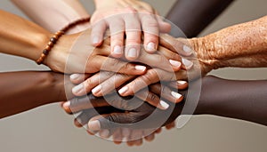 A pile of diverse hands on top of each other, symbolizing unity, strength, and the beauty of diversity. Generative AI