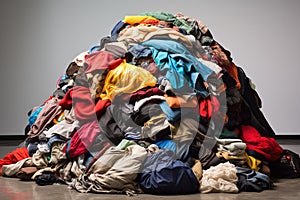 Pile of donated clothing for refugees. Generative AI