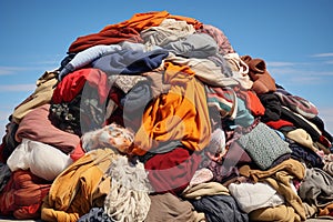 Pile of donated clothing for refugees. Generative AI