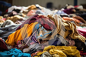 Pile of donated clothing for refugees. Generative AI