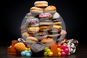 a pile of donuts and candies on a dark table