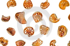 Pile of dried bael fruit isolated on white background