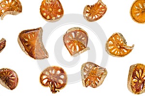 Pile of dried bael fruit isolated on white background