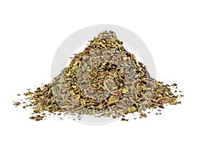 Pile of dried basil spice isolated on white background