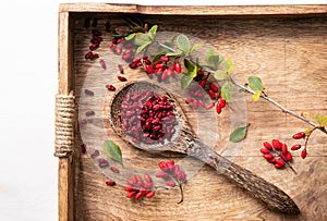 Pile of dried Berberis vulgaris also known as common barberry, European barberry or barberry on plate in home kicthen.