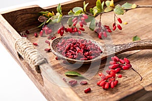 Pile of dried Berberis vulgaris also known as common barberry, European barberry or barberry on plate in home kicthen.