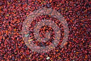Pile of dried chiltepe peppers for sale at Chichicastenango