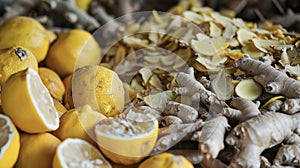 A pile of dried lerass ginger and lemons used in traditional Vietnamese remedies for treating common cold and flu