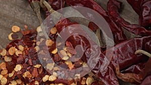 Pile of dried red chili peppers background. Hot and spicy dry famous red chillies. top view.