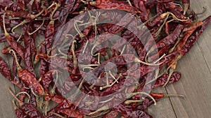 Pile of dried red chili peppers background. Hot and spicy dry famous red chillies. top view.