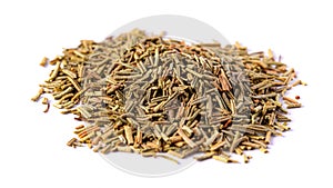 Pile of dried rosemary leaves isolated on white background. condiments