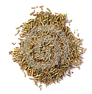 Pile of dried rosemary leaves isolated on white background. Top view