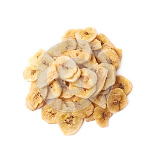 Pile of dried sliced banana snack isolated