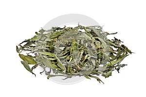 Pile of dried stevia rebaudiana bertoni isolated on white