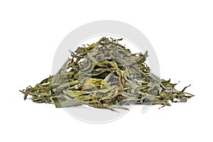 Pile of dried stevia rebaudiana bertoni on white