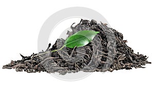 Pile of dry black tea leaves and fresh green tea leaf isolated on white background