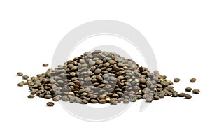 Pile of dry french green puy lentils, isolated