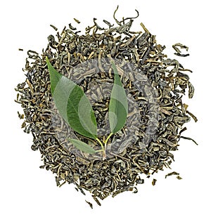 Pile of dry green tea with tea leaves isolated on white background, top view