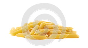 Pile of dry yellow penne pasta isolated
