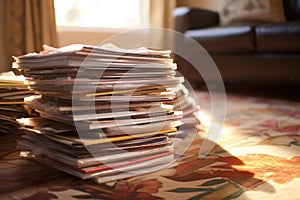 pile of dvd cases on a shaggy rug, soft afternoon light