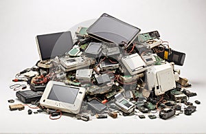 Pile of e-waste on a white background