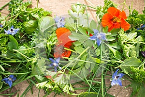 Pile of Edible Flowers and Herbs on Wooden Table