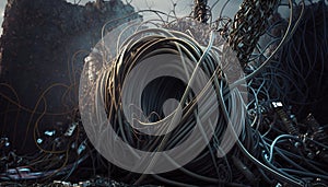 pile of electrical cords wires and pipes created by generative AI