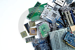 Pile of electronic waste, Motherboard computer and cpu microchips electronic equipment