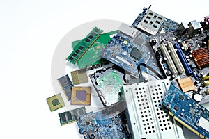 Pile of electronic waste, Motherboard computer and cpu microchips electronic equipment