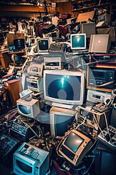 pile of electronic waste, old computers and devices