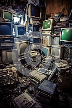 pile of electronic waste, old computers and devices