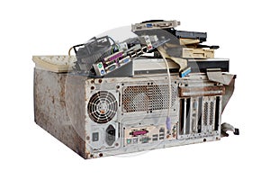 Pile of electronic waste, Rusty old computer cases and obsolete computer hardware such as motherboards and CD-ROMs, floppy disk