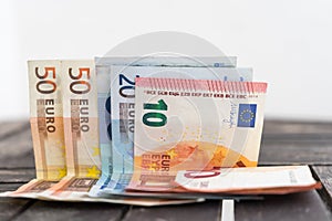 Pile of euro bank notes detail photo. Detail of ten, twenty and
