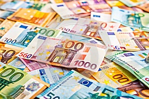 Pile of Euro Paper Banknotes as Finance Background. Financial, Saving or Investment Concept photo