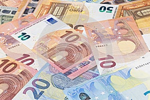 Pile of euro banknotes. Many Euro bills lie on top of each other. Bunch of money of the European Union. Currency of the united