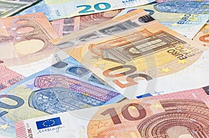 Pile of euro banknotes. Many Euro bills lie on top of each other. Bunch of money of the European Union. Currency of the united